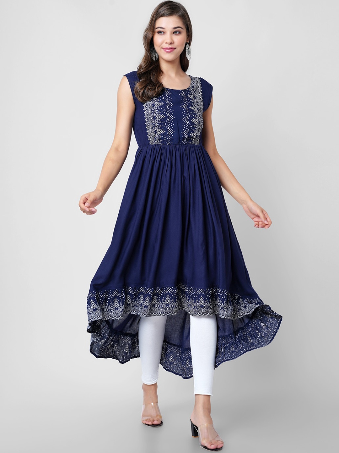 

KALINI Floral Printed Sleeveless A-Line Pleated Kurta, Blue