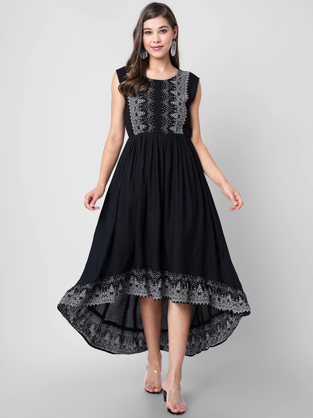 

KALINI Floral Printed Sleeveless A-Line Pleated Kurta, Black