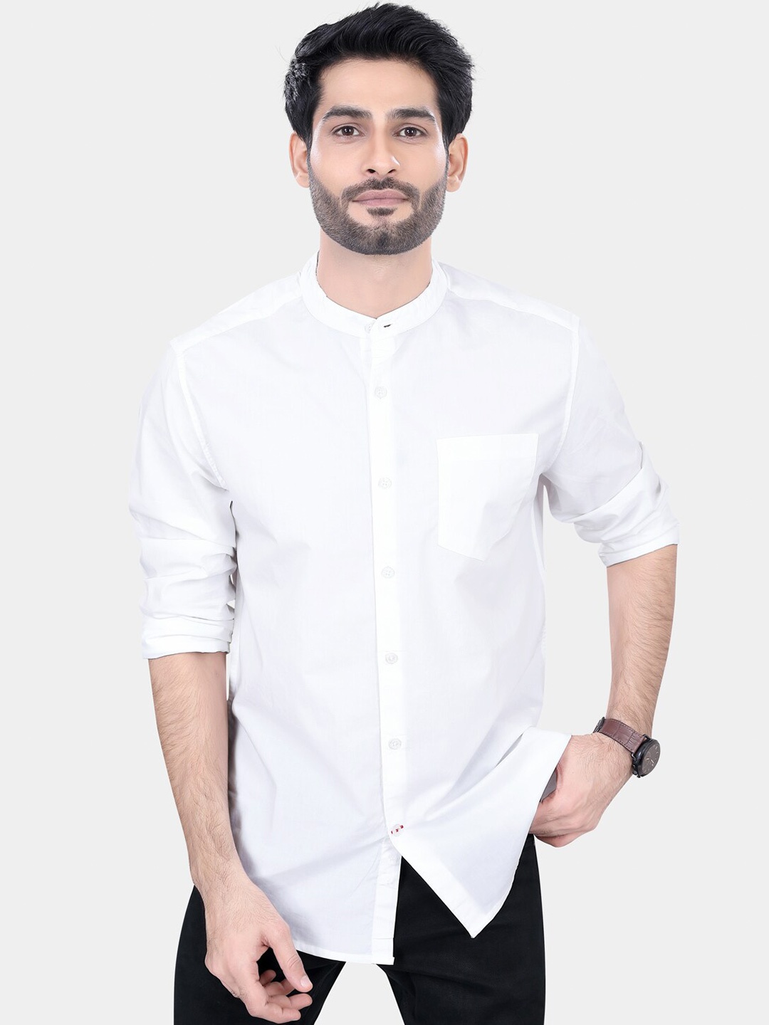 

VASTRADO Classic Mandarin Collar Long Sleeves Slim Fit Casual Shirt, White