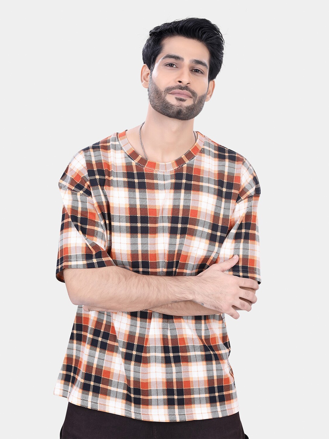 

VASTRADO Checked Printed Round Neck Oversized T-shirt, Orange