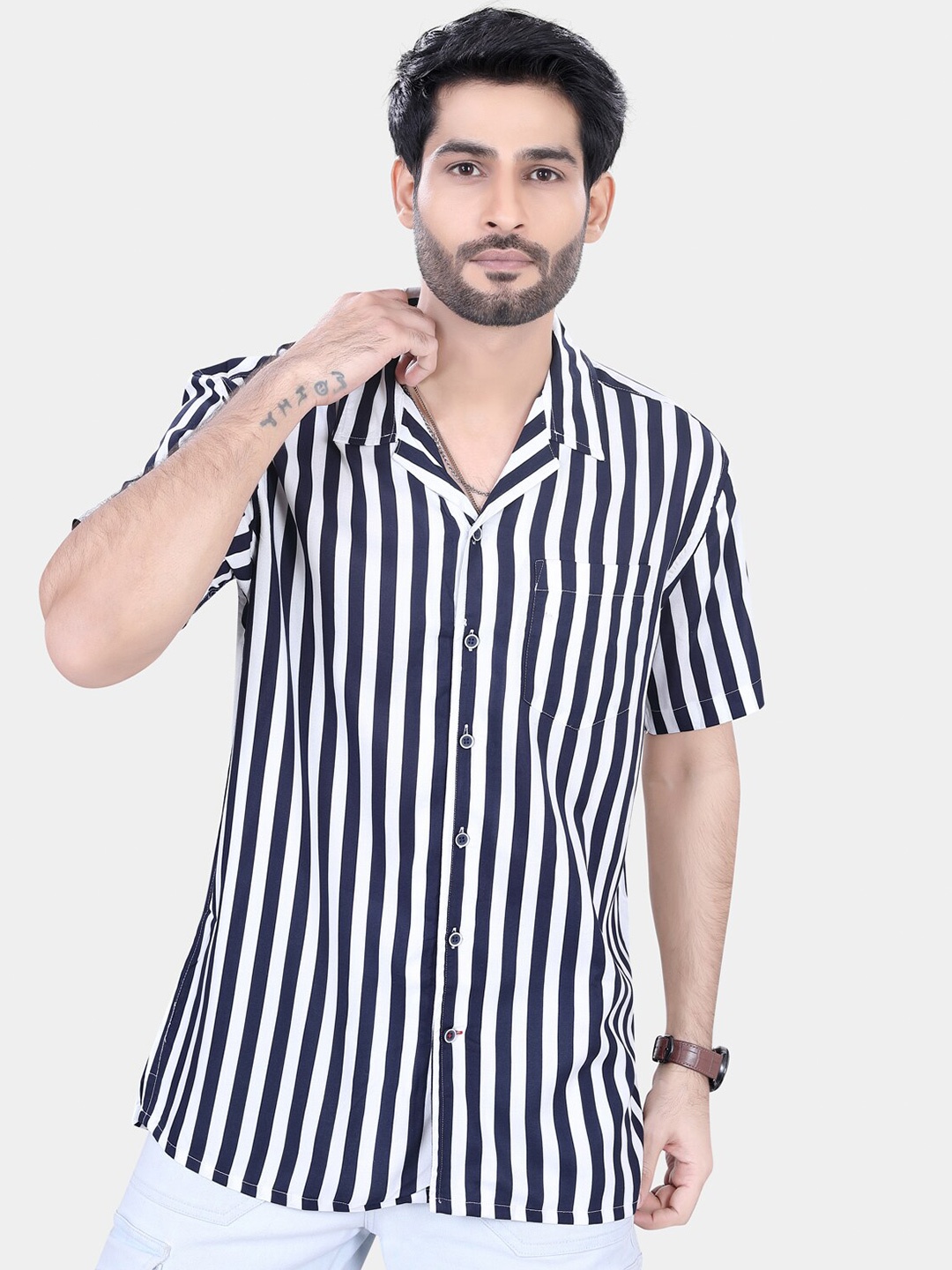 

VASTRADO Classic Striped Lapel Collar Drop-Shoulder Sleeves Oversized Casual Shirt, Navy blue