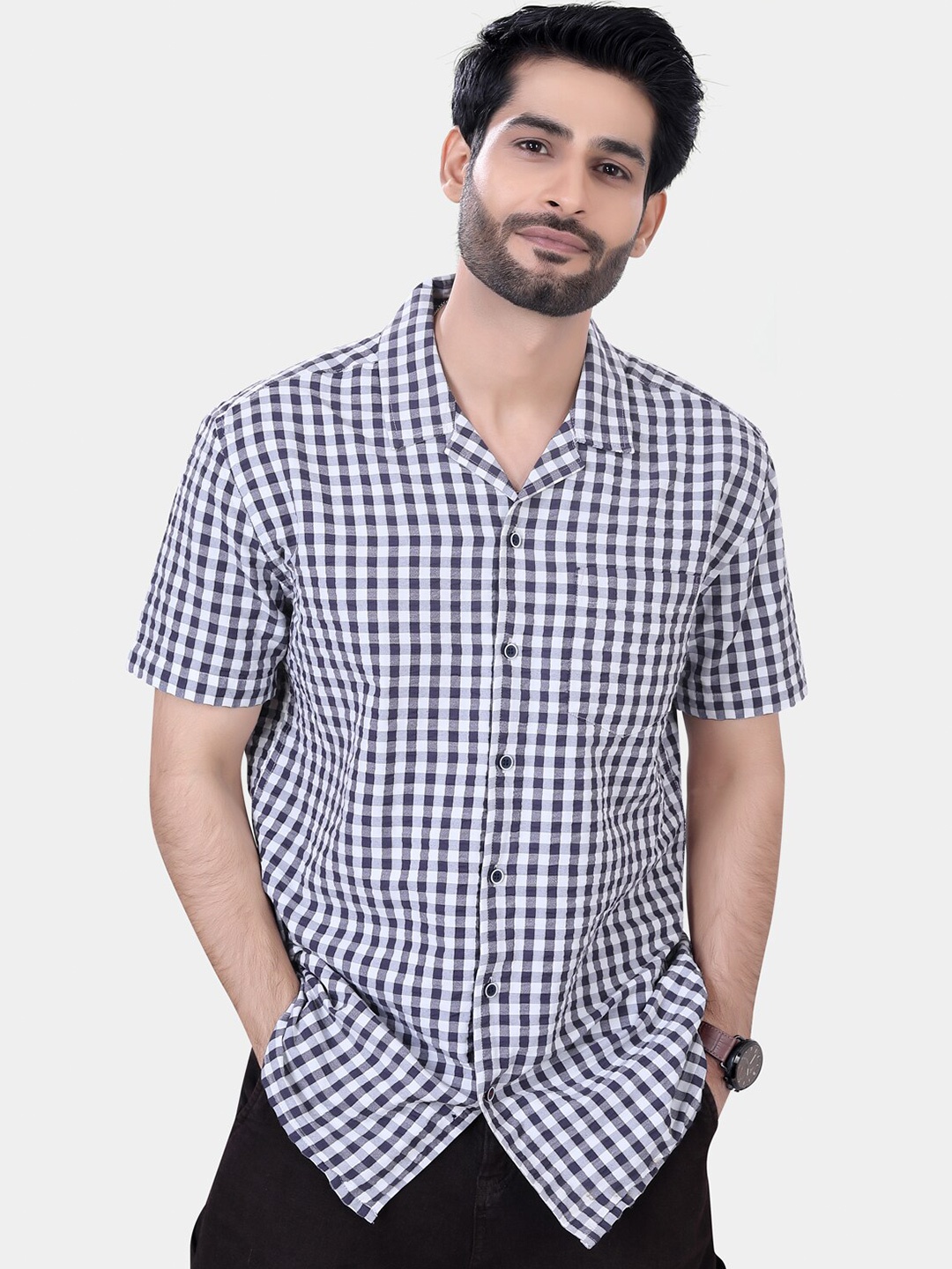 

VASTRADO Classic Gingham Checked Lapel Collar Drop-Shoulder Sleeves Oversized Casual Shirt, Grey