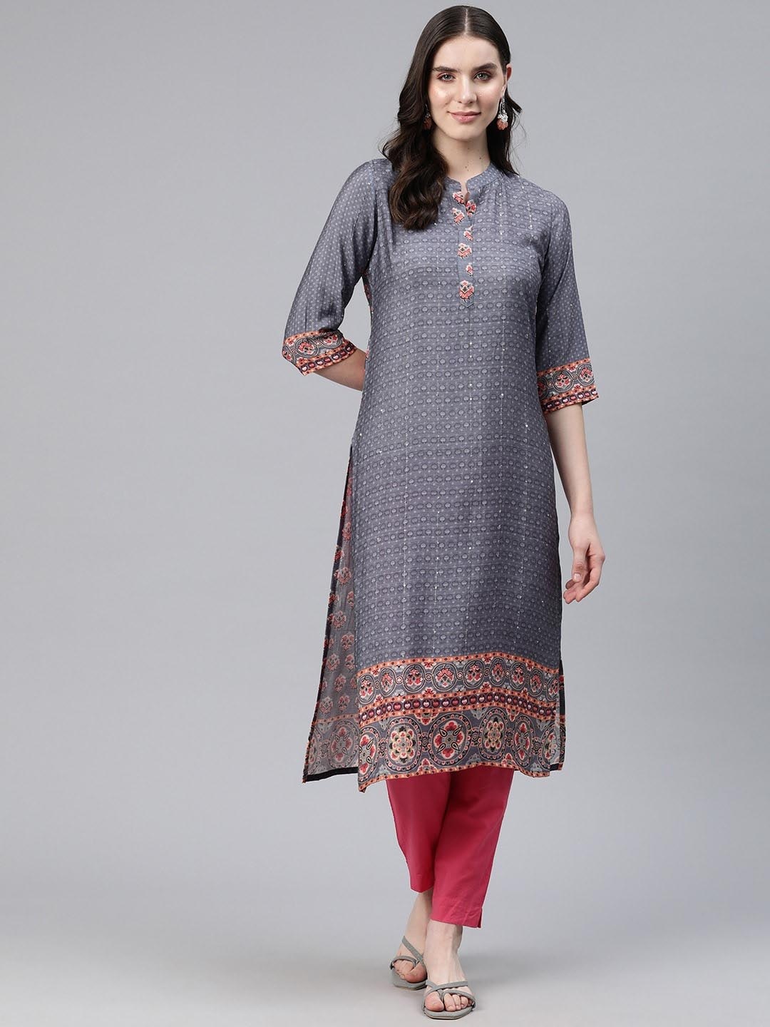 

Readiprint Fashions Geometric Printed Mandarin Collar Straight Kurti, Grey