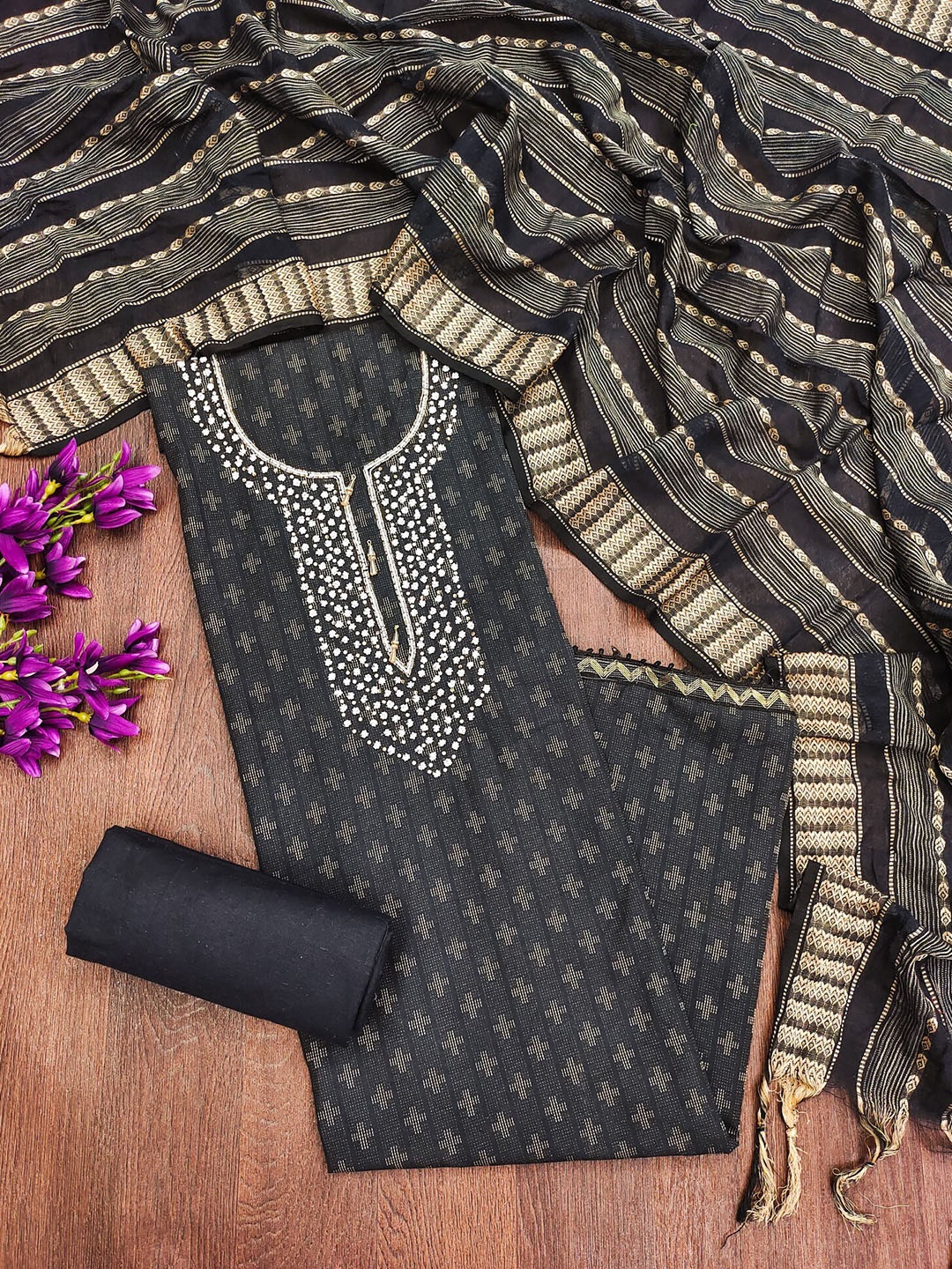 

LeeliPeeri Designer Ethnic Motifs Embroidered Unstitched Dress Material, Black