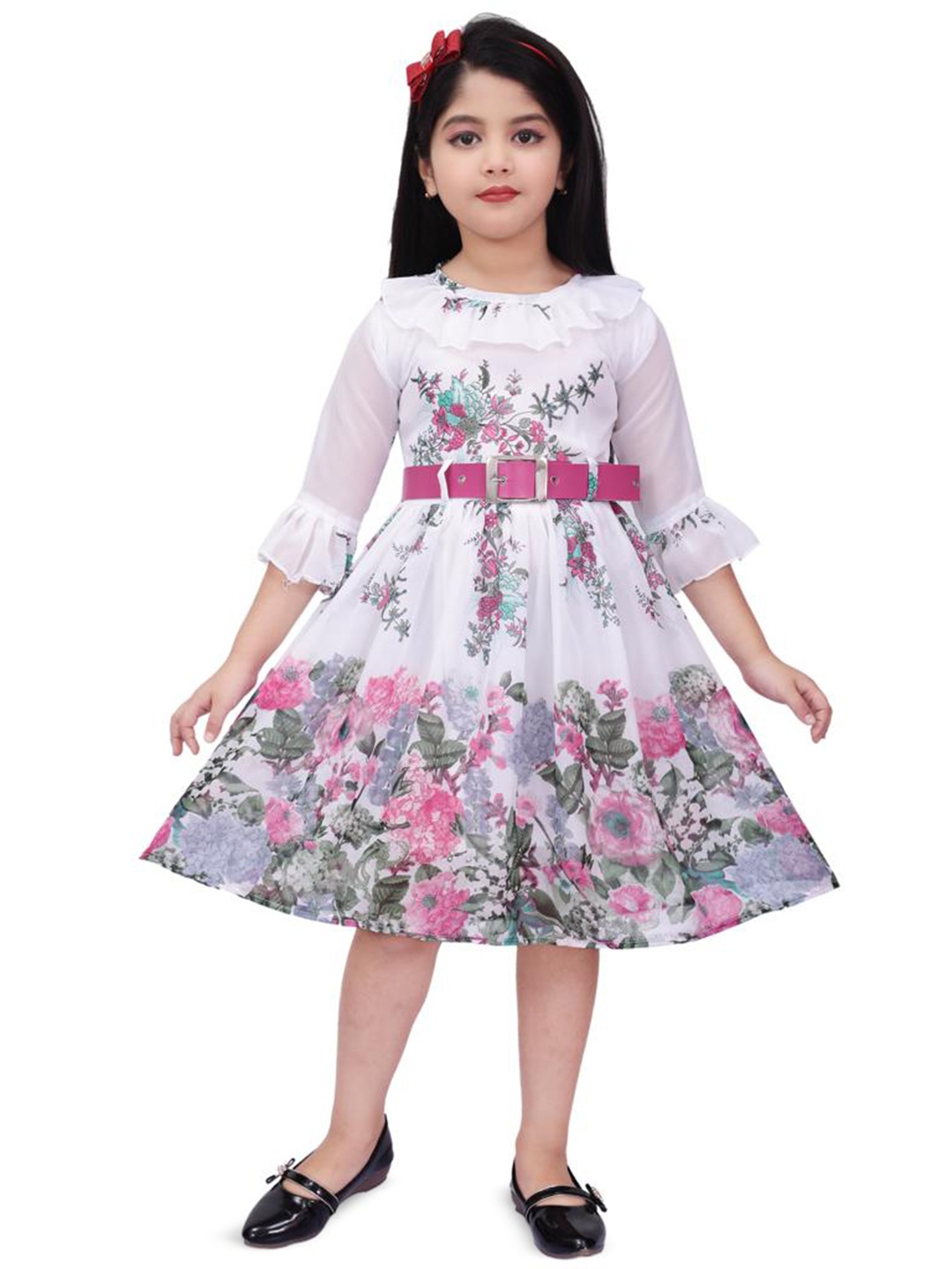 

BAESD Girls Floral Printed Fit & Flare Midi Dress With Belt, White