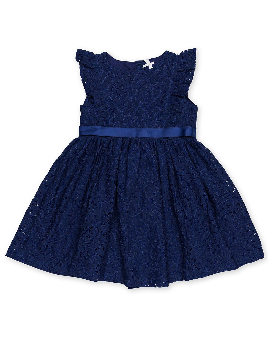 

H By Hamleys Girls Self Design Flutter Sleeve Cotton Fit & Flare Dress, Navy blue