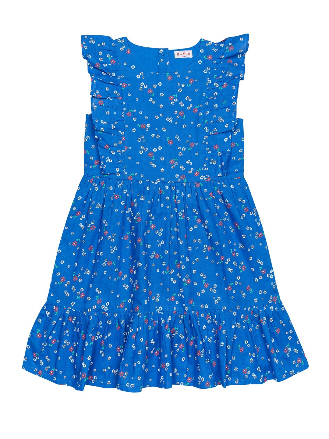 

H By Hamleys Girls Floral Print Round Neck Cotton A-Line Dress, Blue