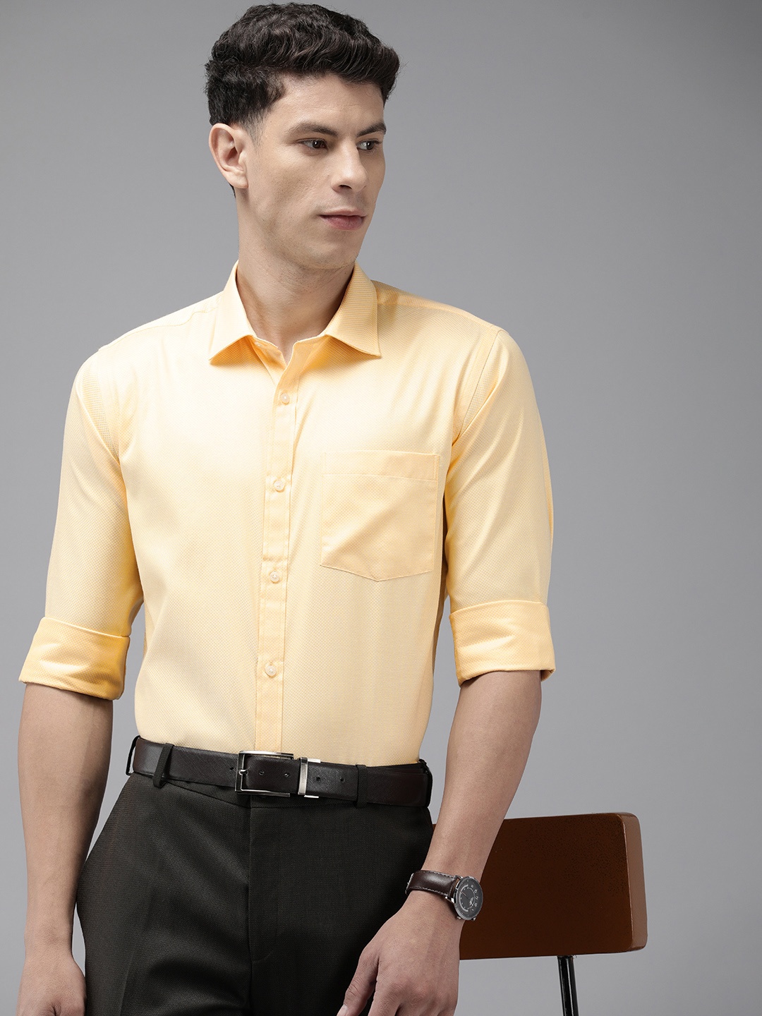 

Park Avenue Slim Fit Self Design Opaque Formal Shirt, Yellow