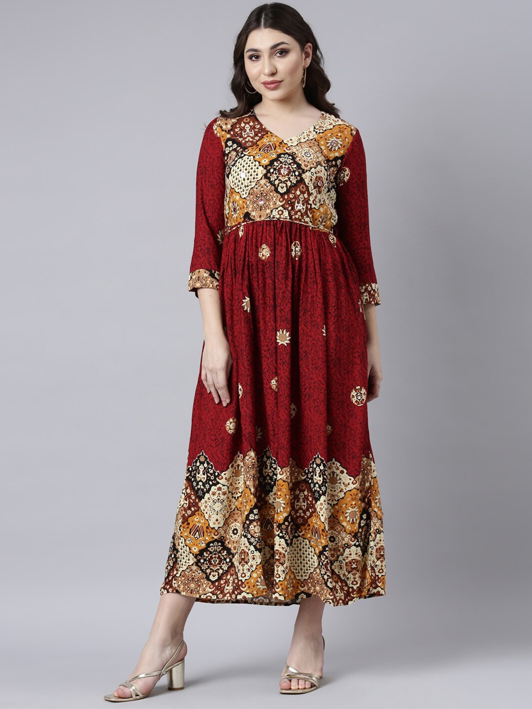 

Neerus Ethnic Motifs Printed V-Neck Gathered Maxi Dress, Maroon