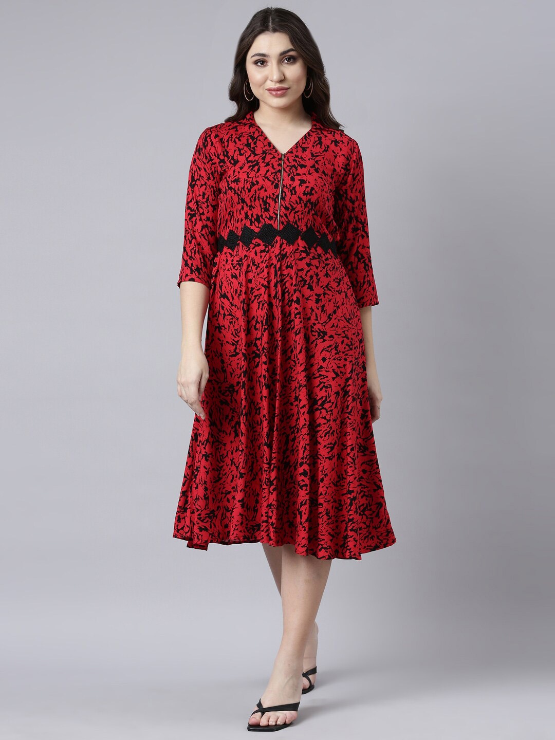 

Neerus Abstract Printed V-Neck Fit & Flare Midi Dress, Red
