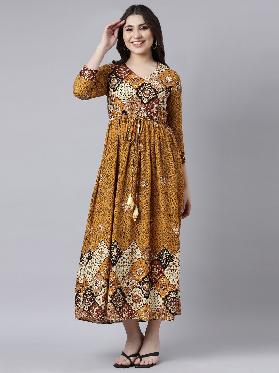 

Neerus Ethnic Motifs Printed V-Neck Gathered Maxi Dress, Mustard