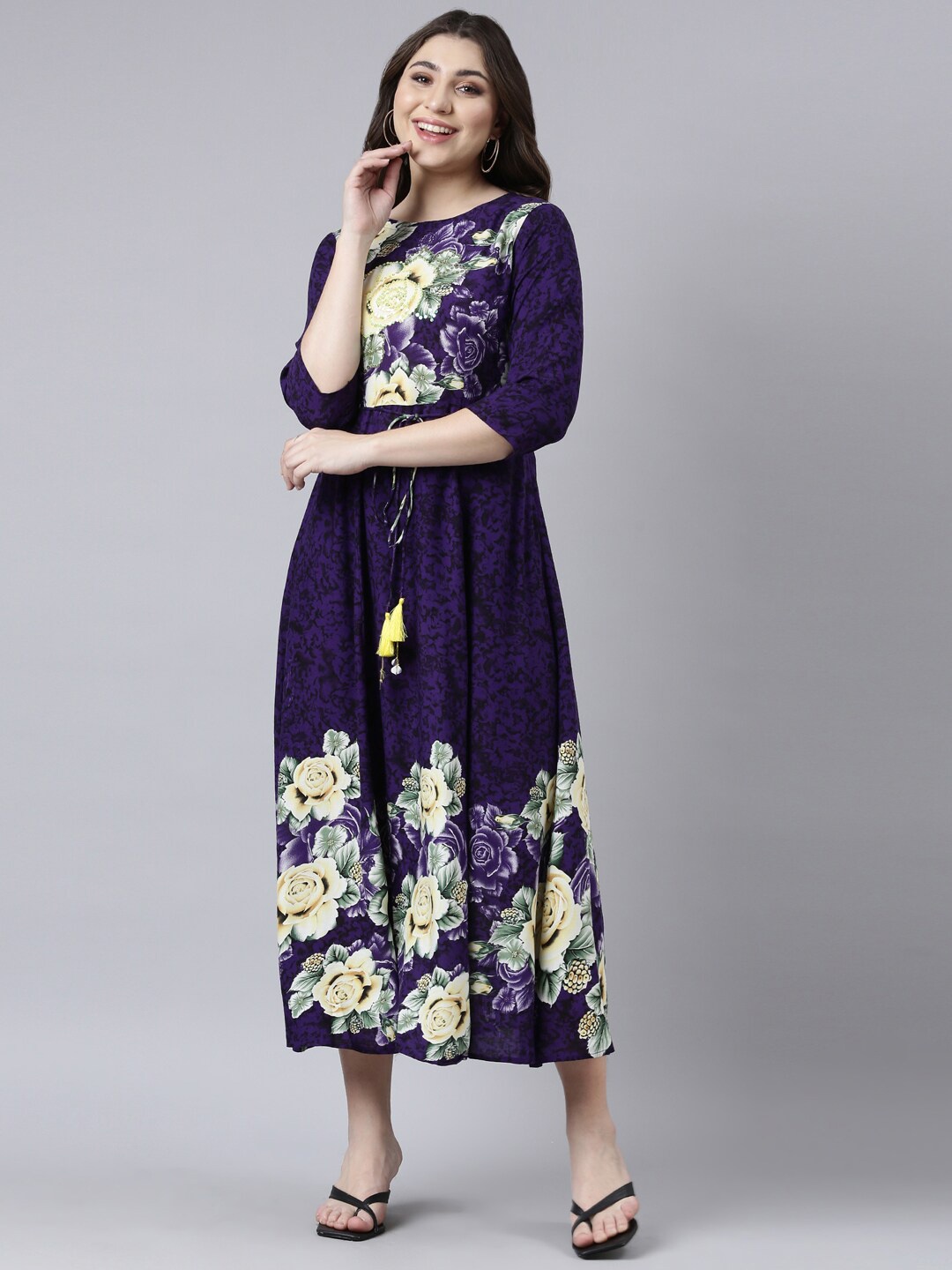 

Neerus Floral Printed Round Neck Sequined Fit & Flare Midi Dress, Purple