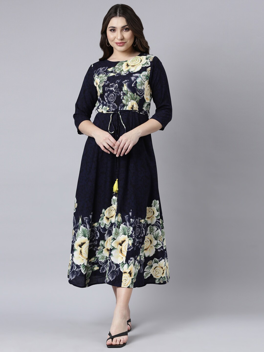 

Neerus Floral Printed Round Neck Empire Midi Dress, Navy blue