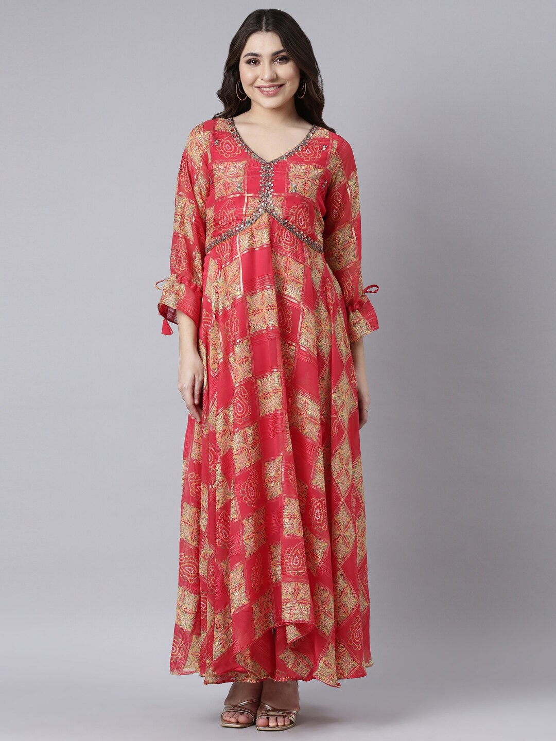 

Neerus Floral Printed V Neck Three Quarter Sleeves Georgette Maxi Dress, Red