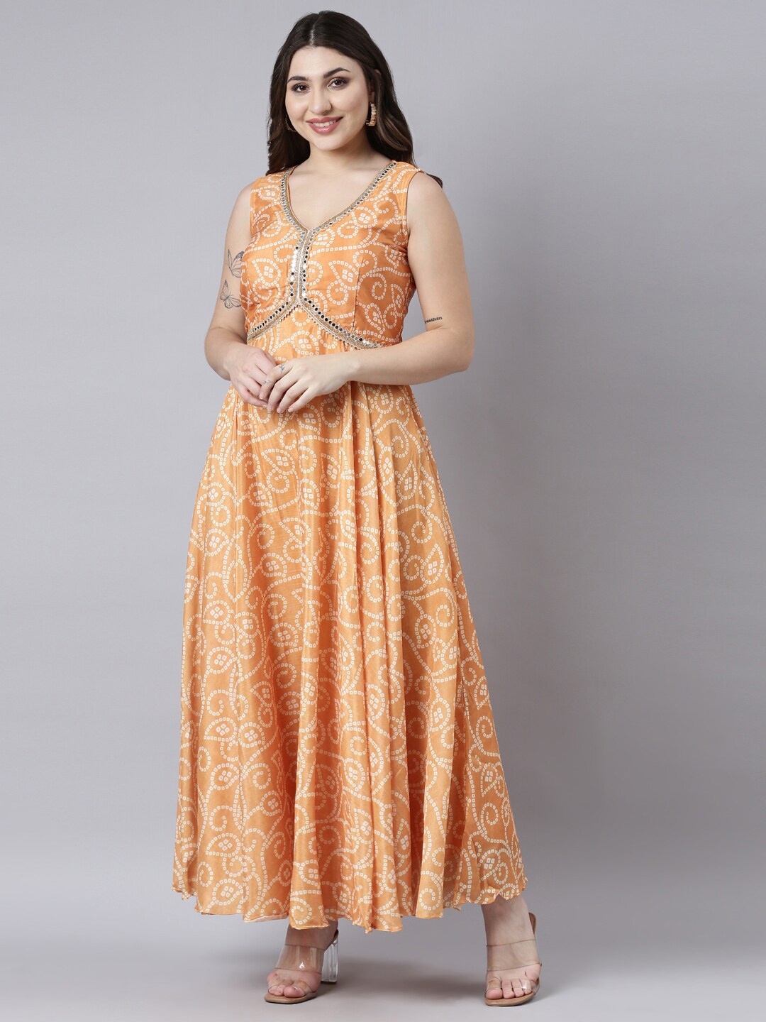 

Neerus Ethnic Motifs Printed V-Neck Silk Maxi Dress, Yellow