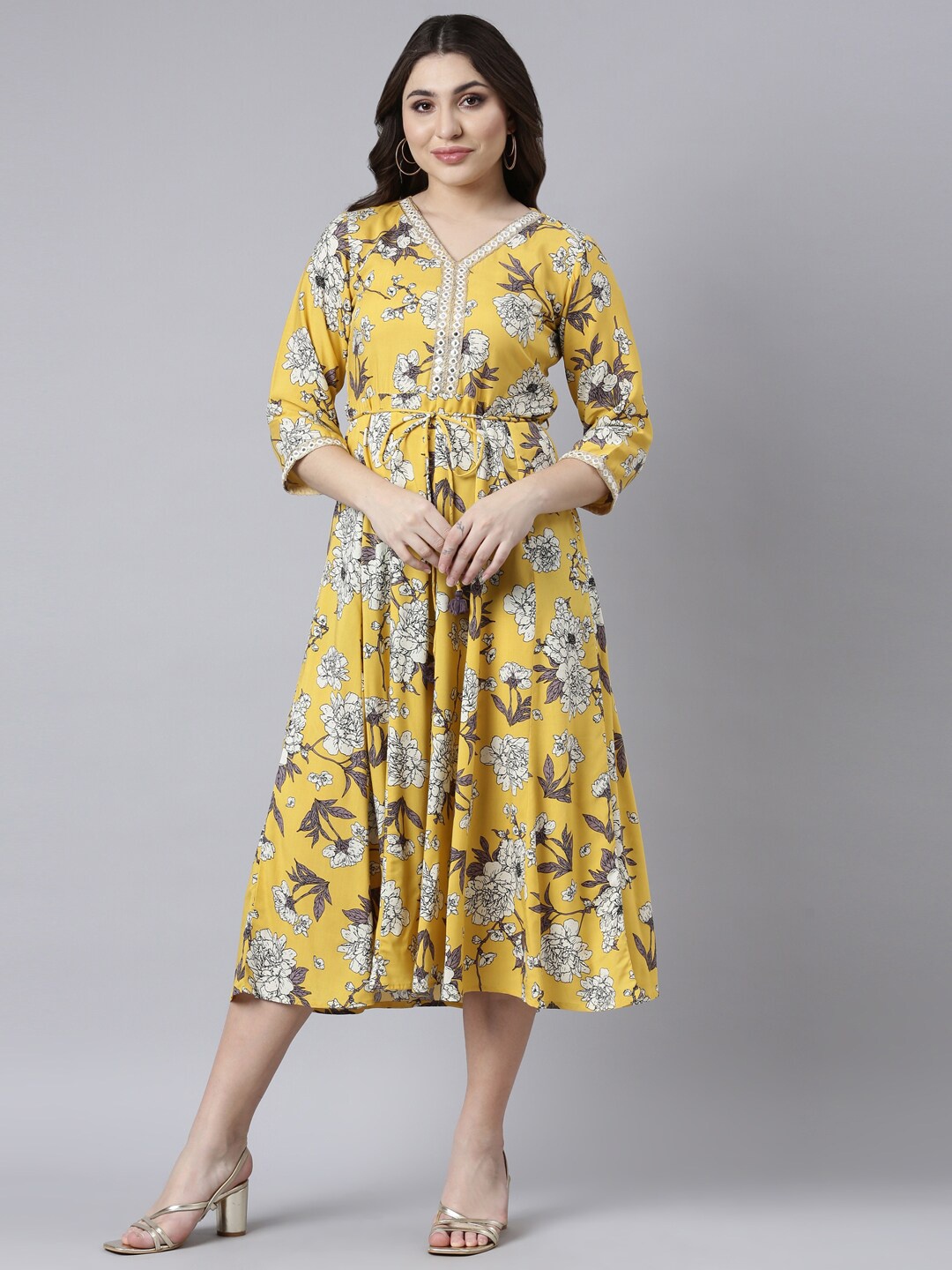 

Neerus V Neck Floral Printed Empire Cotton Midi Dress, Mustard