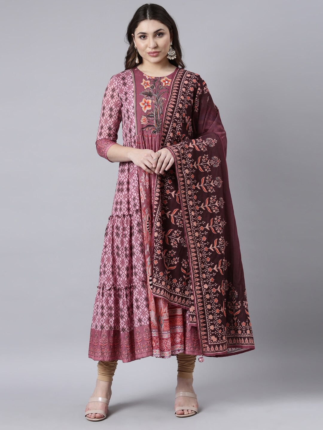 

Neerus Ethnic Motifs Printed Cotton Fit & Flare Midi Dress, Pink