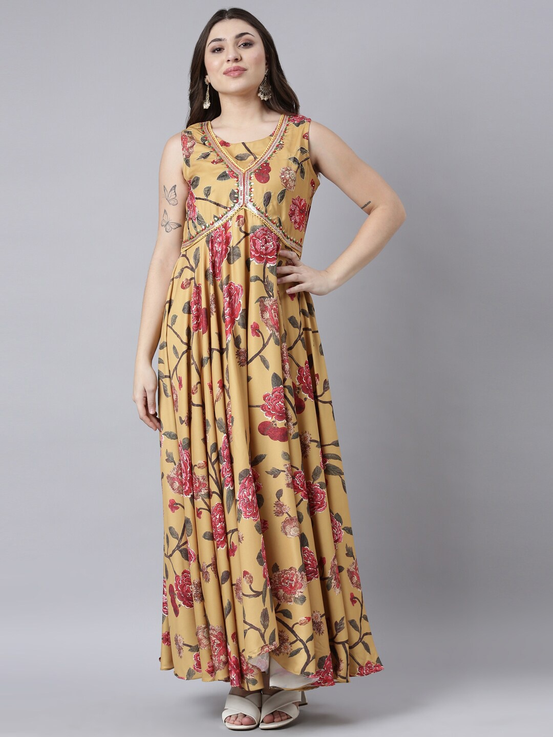 

Neerus Floral Print Crepe Maxi Dress, Mustard