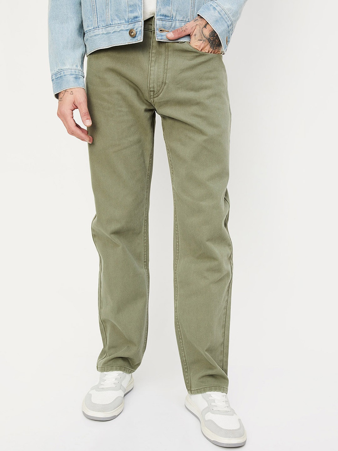 

max Men Mid-Rise Clean Look Pure Cotton Jeans, Olive