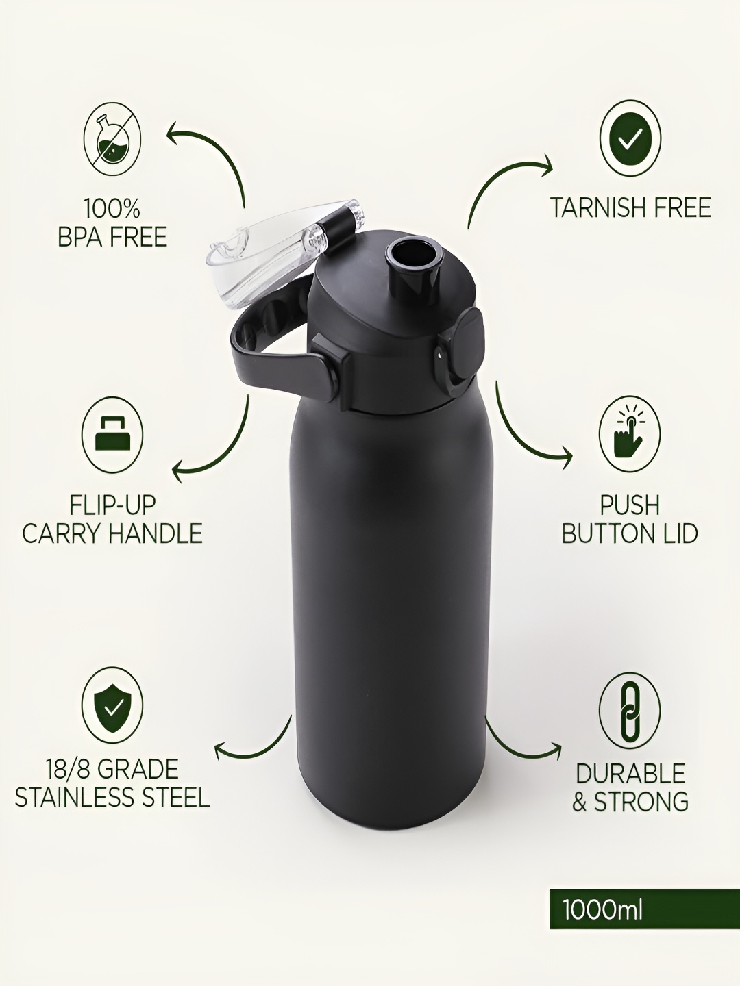 

Kuber Industries Black 3 Pieces Stainless Steel Sipper Lid & Handle Water Bottles 1 L