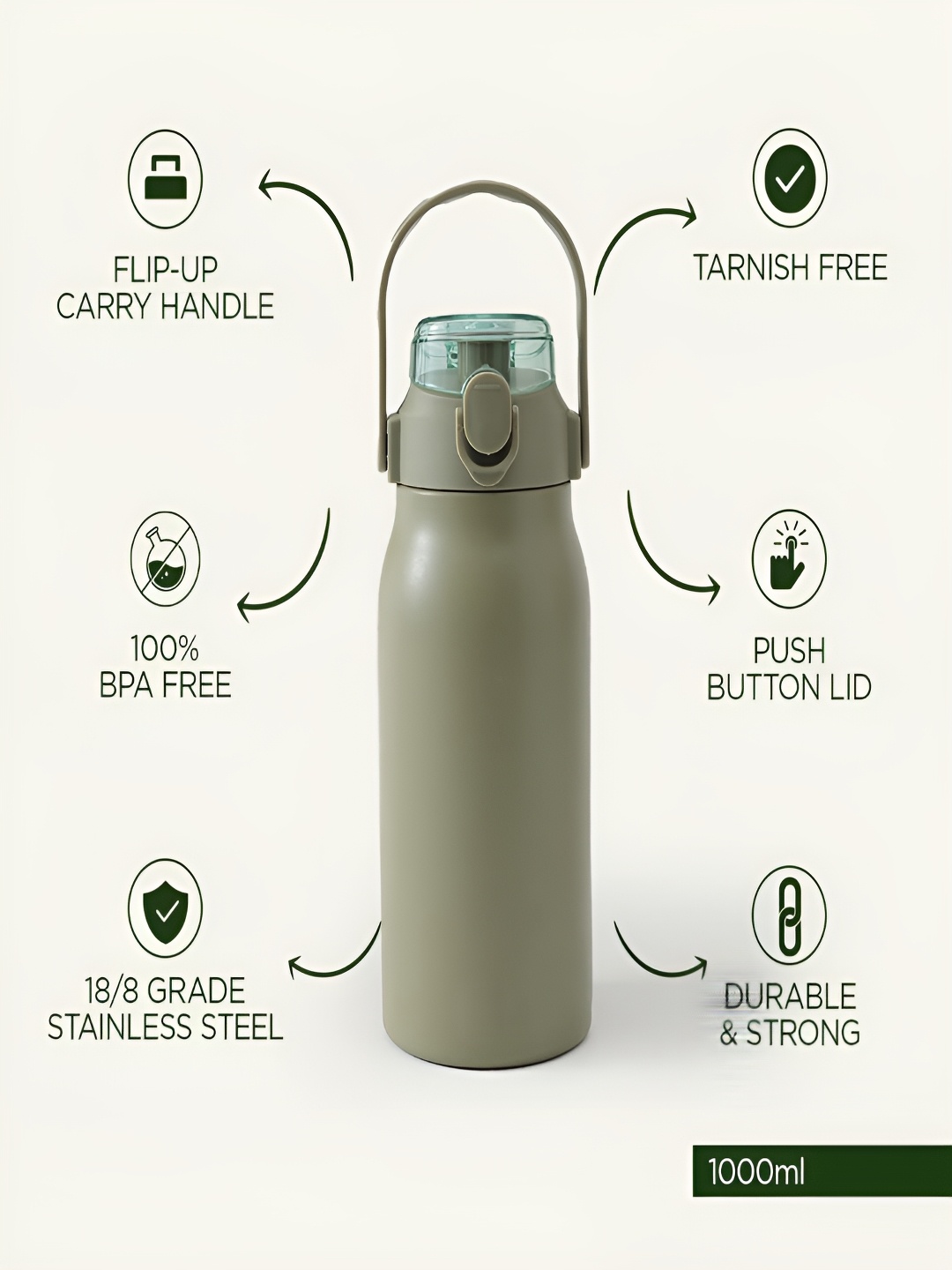 

Kuber Industries Green Stainless Steel Sipper Lid & Handle Water Bottle 1 L