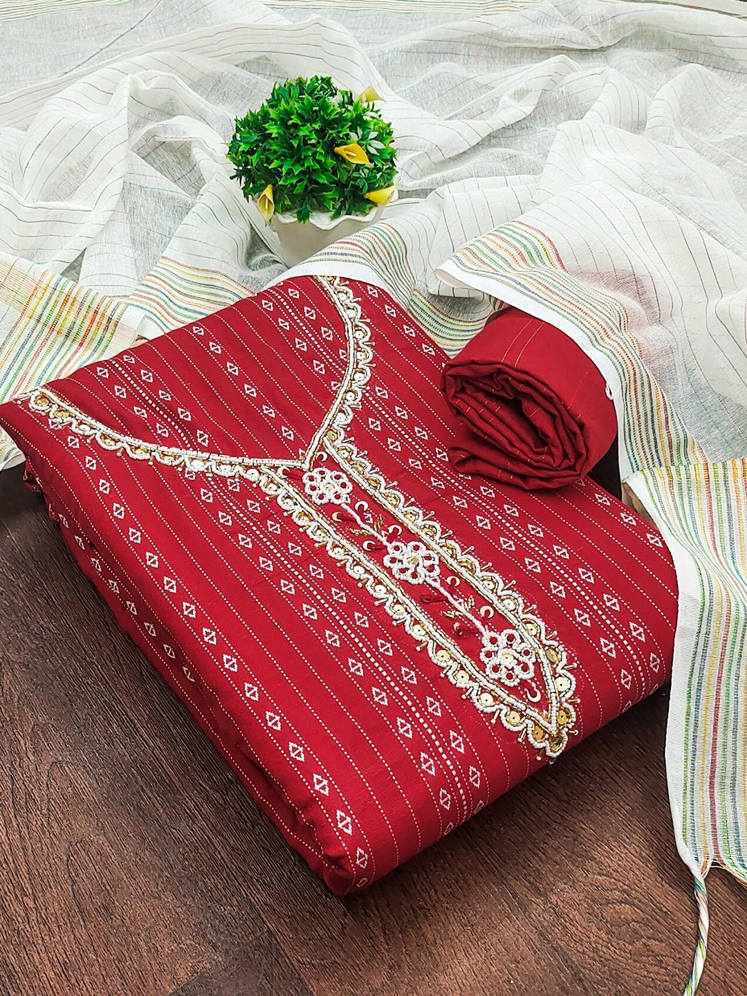 

LeeliPeeri Designer Woven Design Jacquard Sequinned Unstitched Dress Material, Red