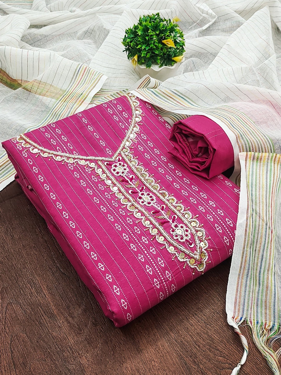 

LeeliPeeri Designer Woven Design Jacquard Sequinned Unstitched Dress Material, Pink