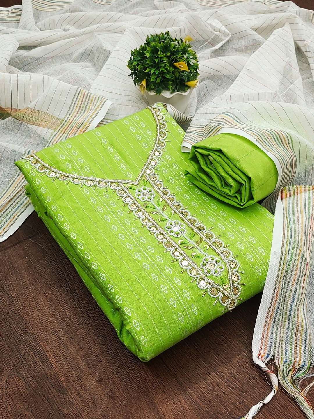 

LeeliPeeri Designer Woven Design Jacquard Sequinned Unstitched Dress Material, Lime green