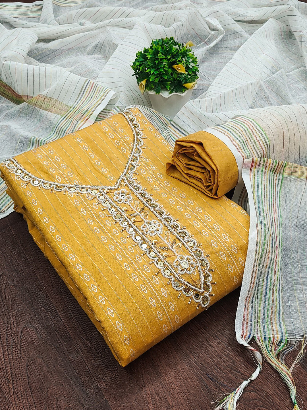 

LeeliPeeri Designer Woven Design Jacquard Sequinned Unstitched Dress Material, Yellow