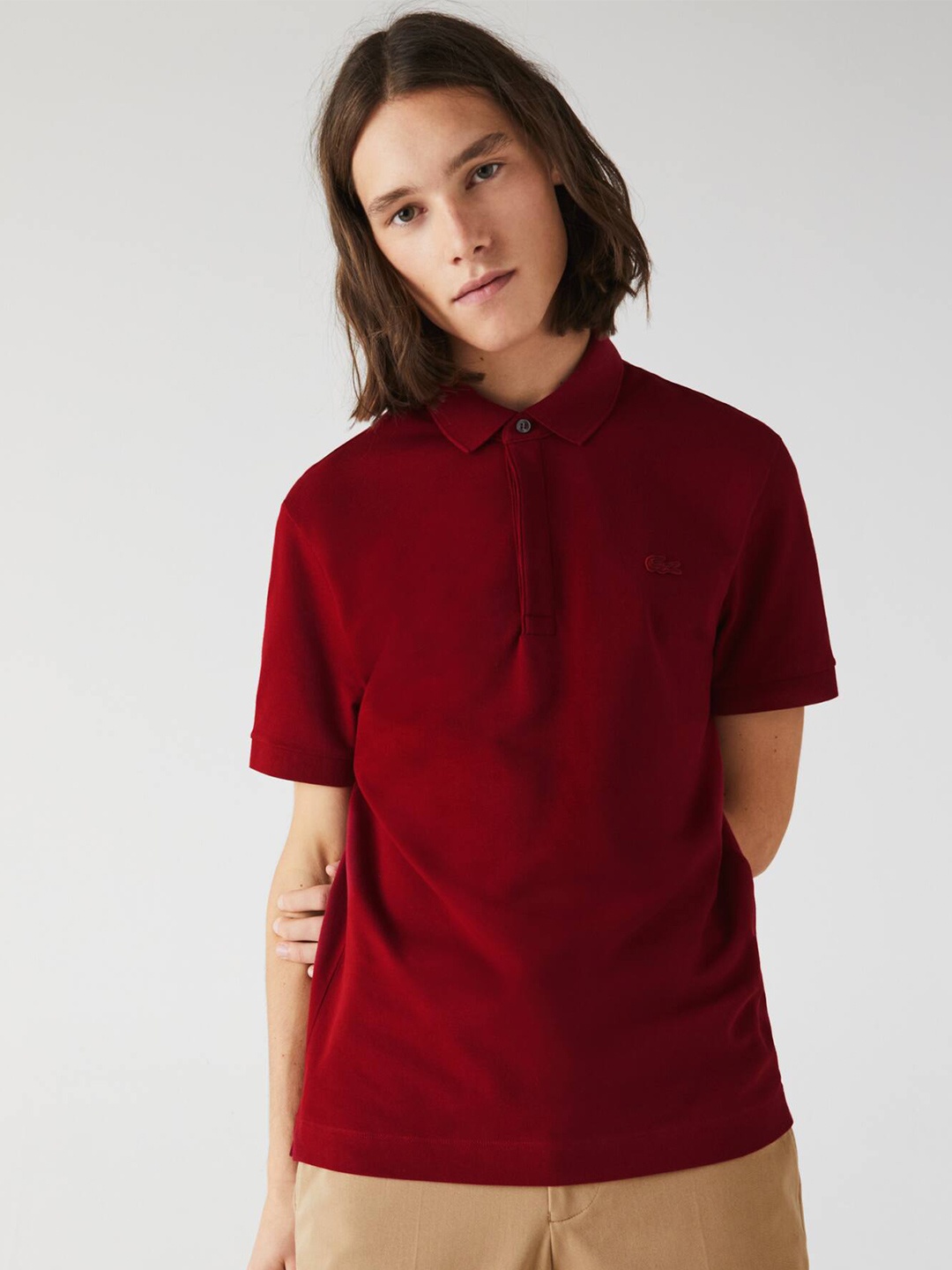 

Lacoste Polo Collar Short Sleeves Colourblocked Regular Fit Cotton T-shirt, Red