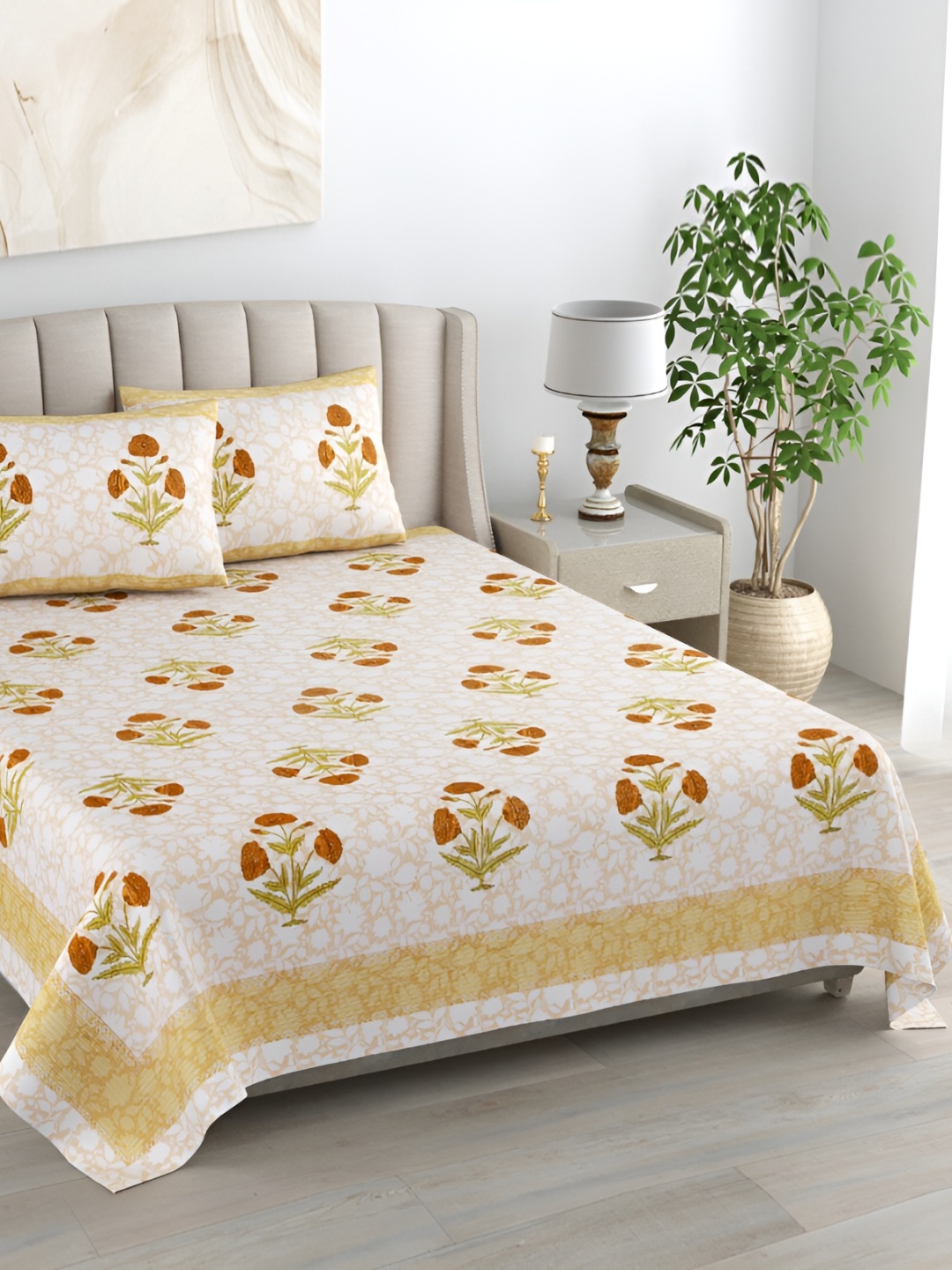 

EasyGoods Yellow & Green Floral Cotton 400 TC King Bedsheet with 2 Pillow Covers