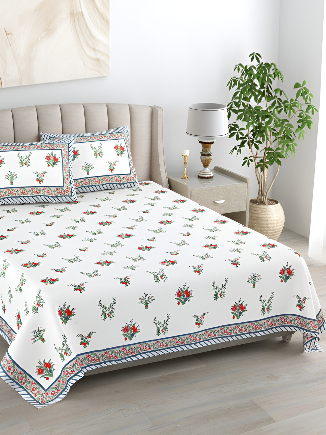 

EasyGoods Blue & White Floral Cotton 400 TC King Bedsheet with 2 Pillow Covers