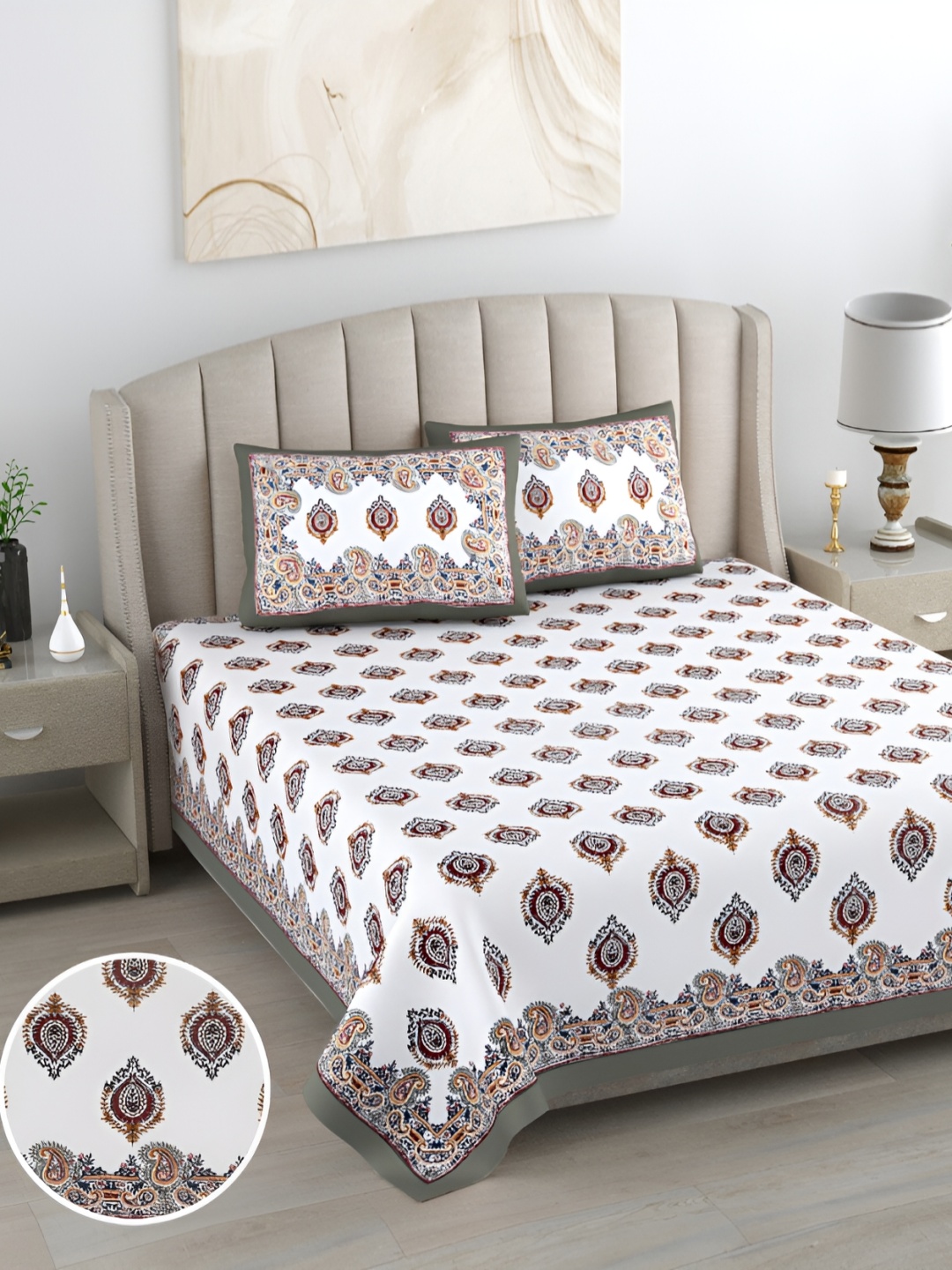 

EasyGoods Grey & White Floral Cotton 400 TC King Bedsheet with 2 Pillow Covers