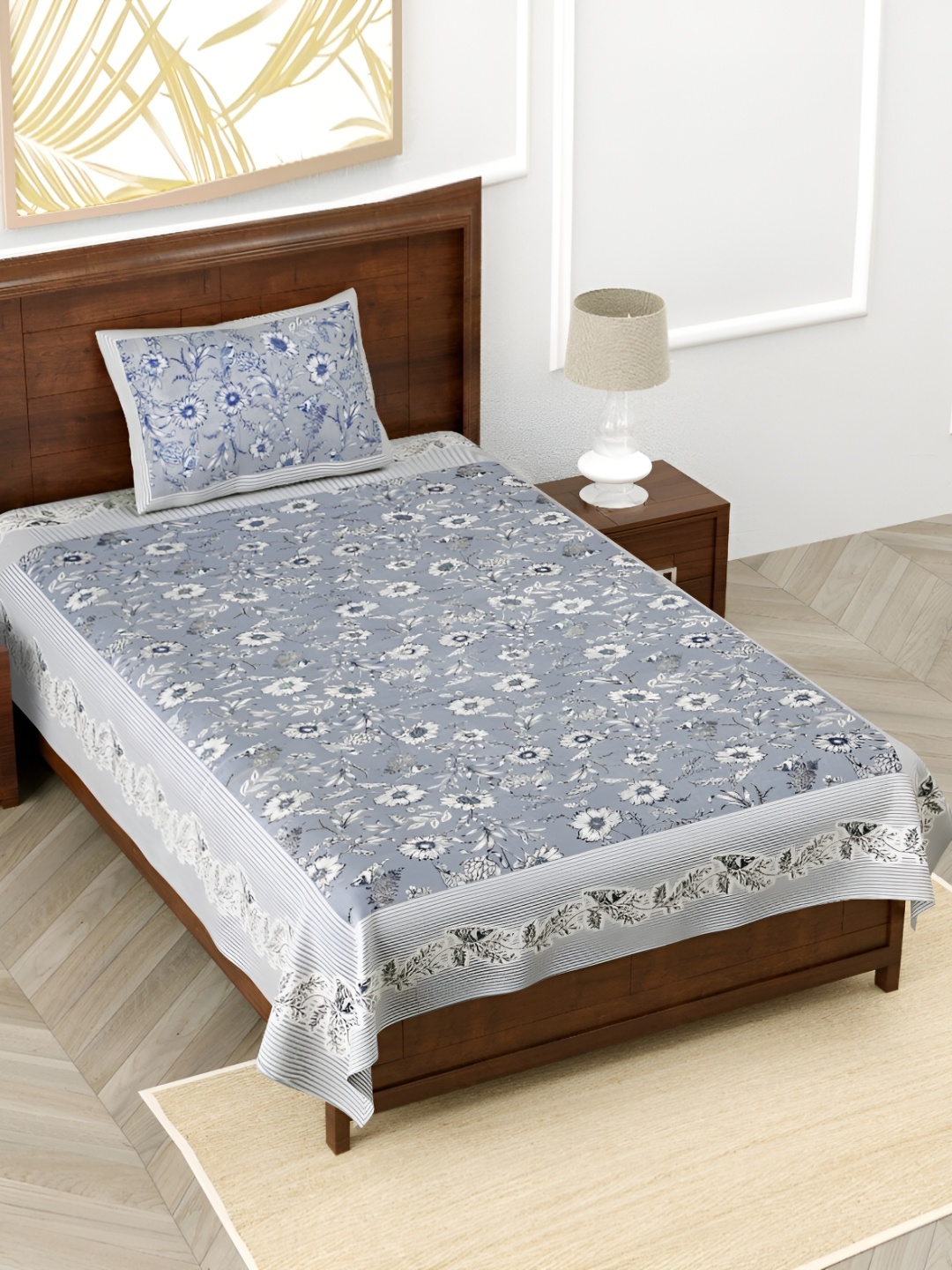 

EasyGoods Grey & White Floral Cotton 210 TC Single Bedsheet with 1 Pillow Covers