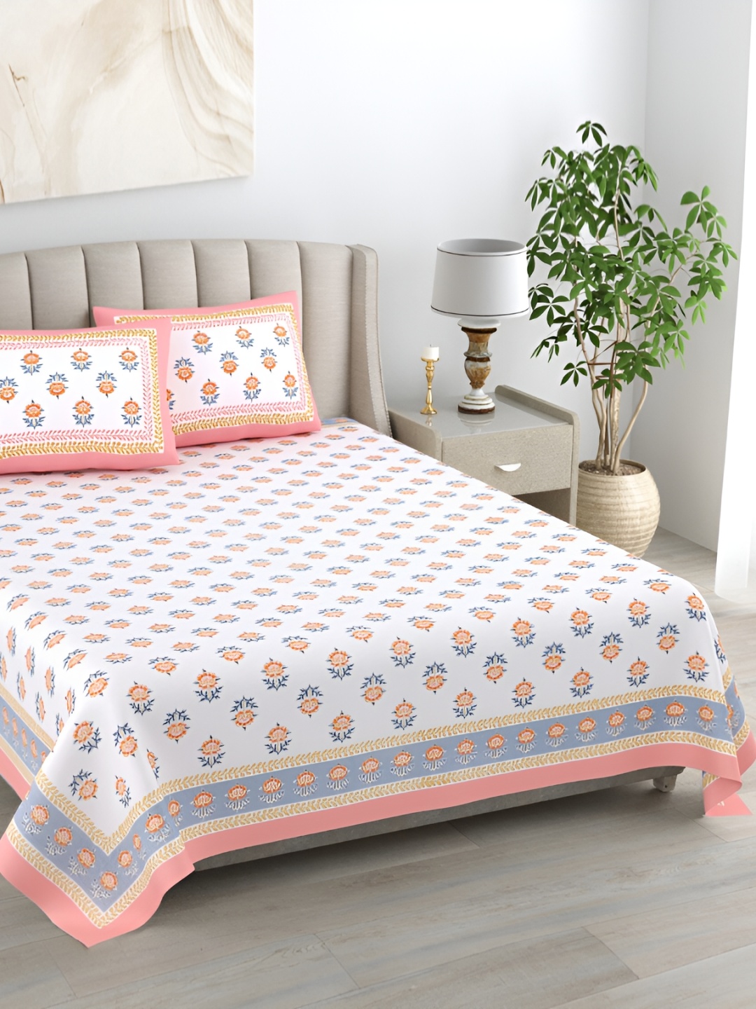 

EasyGoods Pink & White Floral Cotton 400 TC King Bedsheet with 2 Pillow Covers