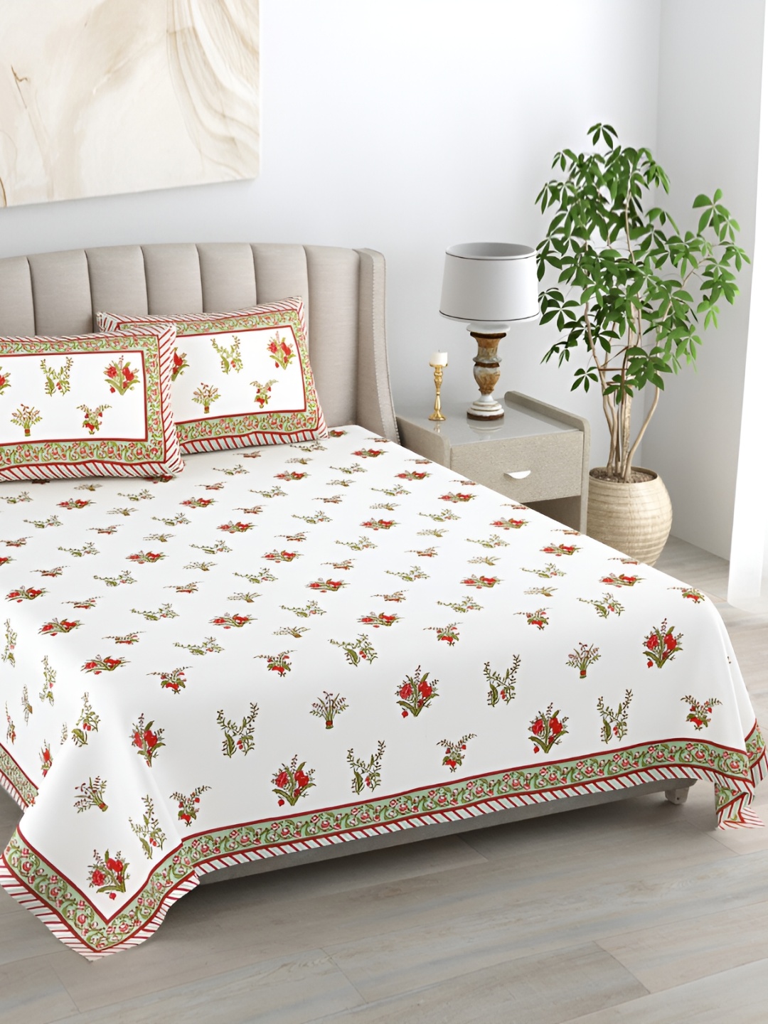 

EasyGoods Red & White Floral Cotton 400 TC King Bedsheet with 2 Pillow Covers