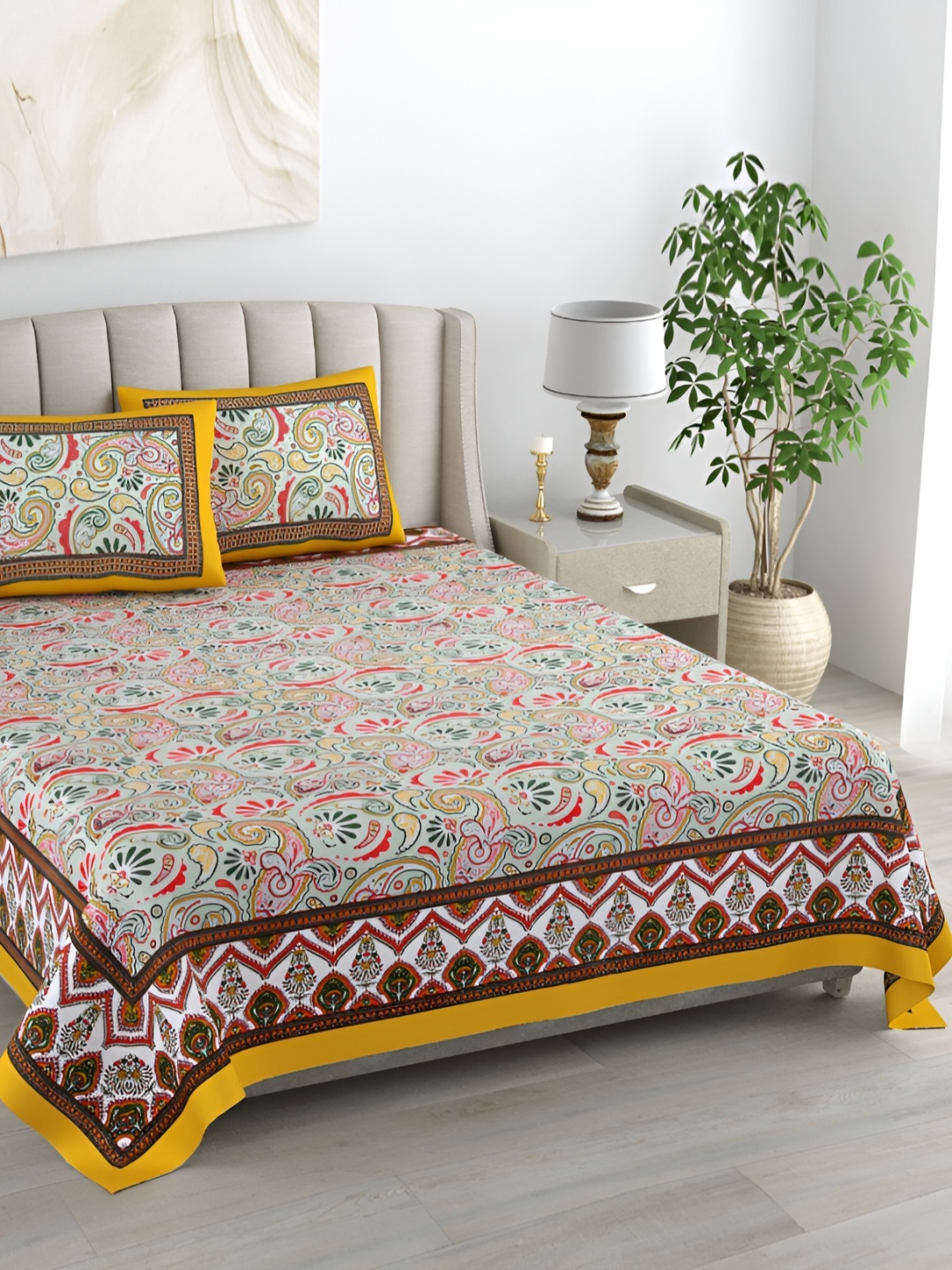 

EasyGoods Green & Yellow Floral Cotton 400 TC King Bedsheet with 2 Pillow Covers