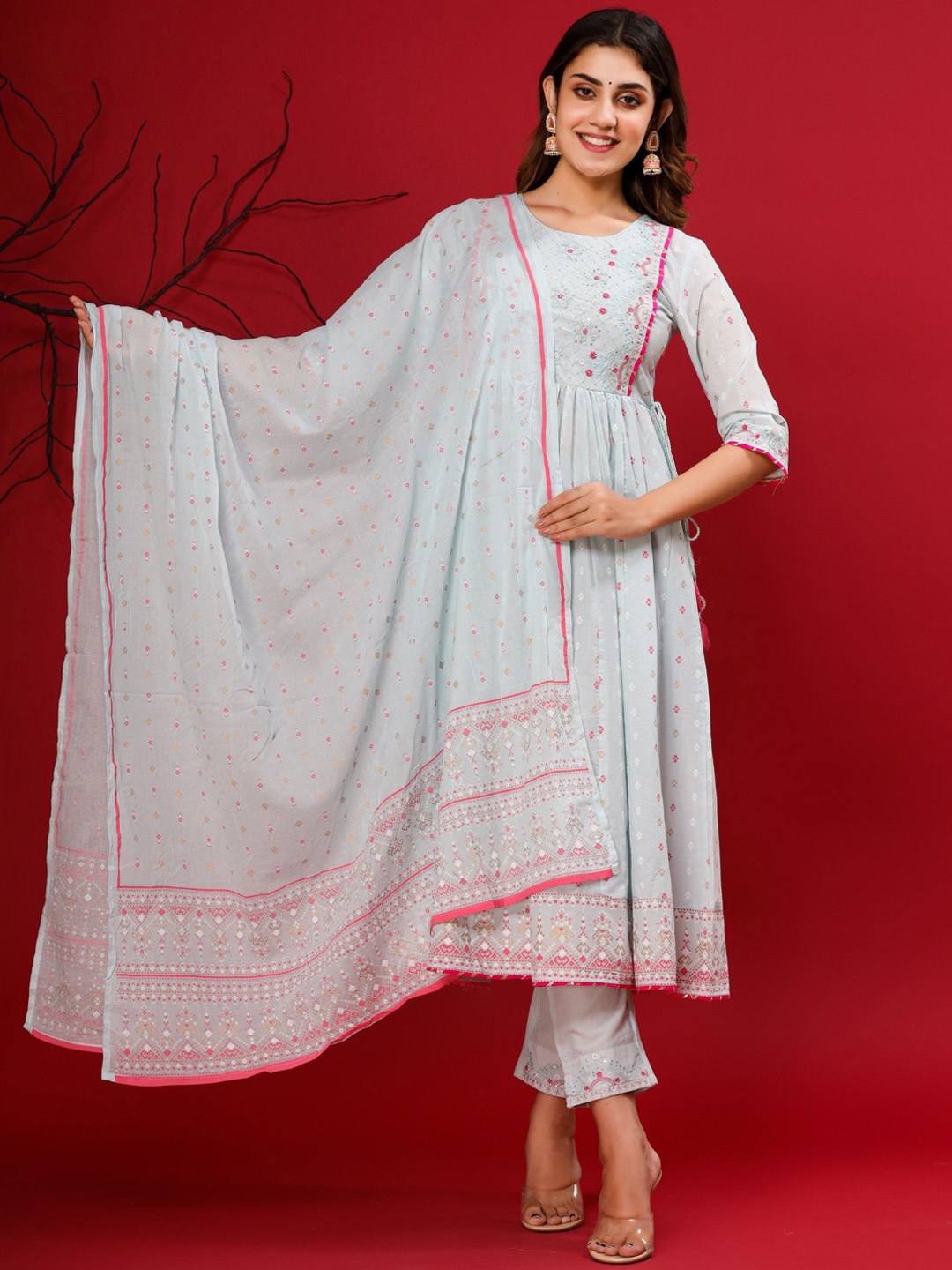 

Readiprint Fashions Floral Printed Sequinned Pure Cotton Anarkali Kurta Set, Blue