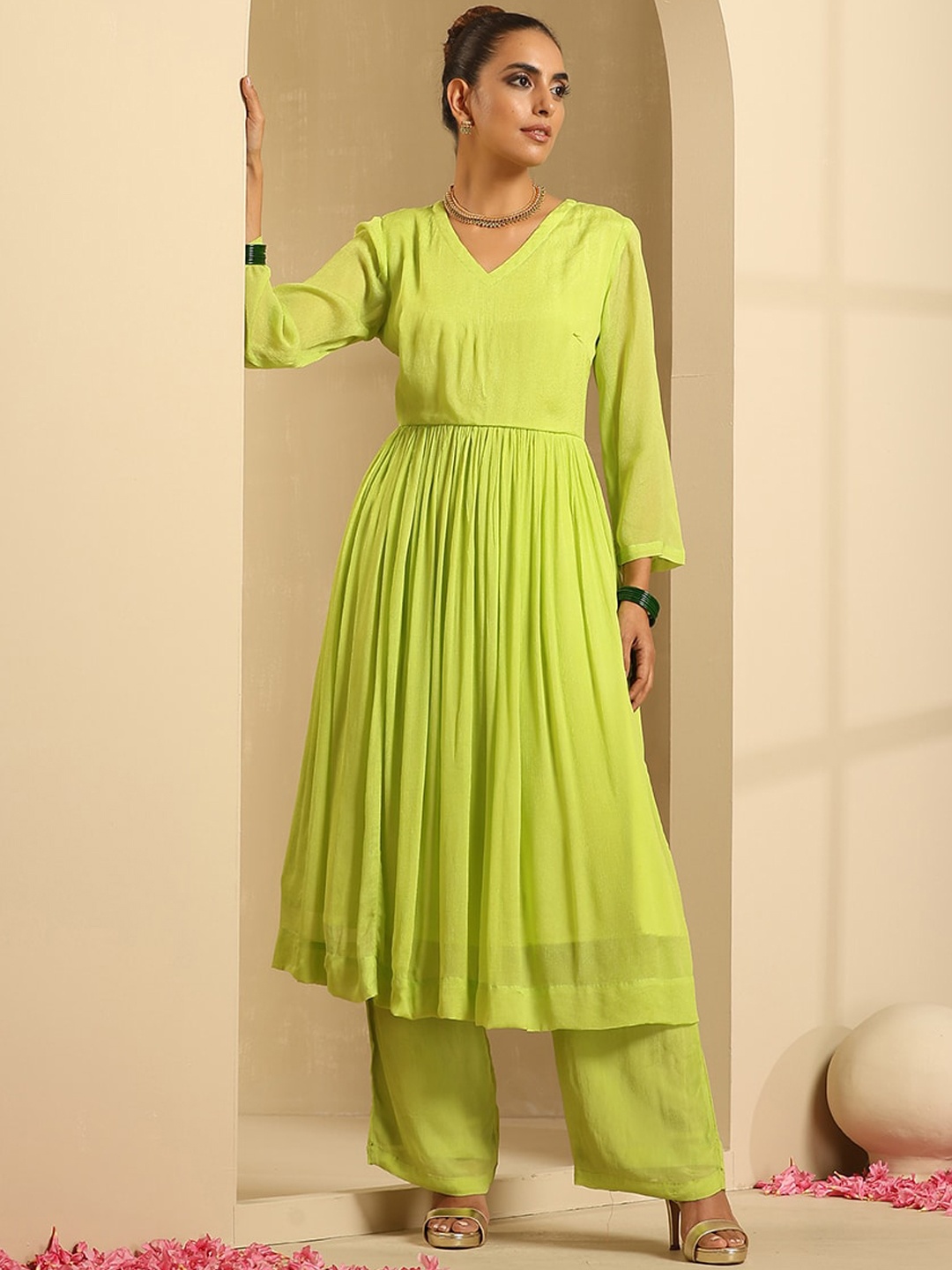 

indy Raaga V-Neck Silk Chiffon Pleated Anarkali Kurta with Palazzos, Fluorescent green