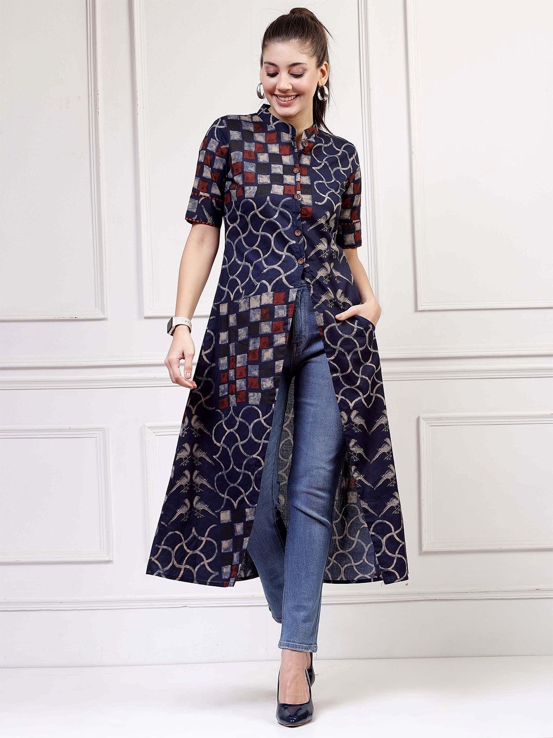 

Get Glamr Printed Longline Button Shrug, Navy blue
