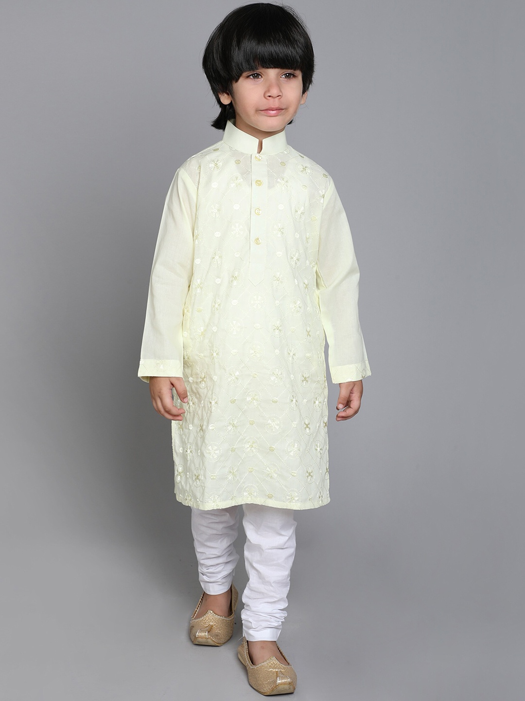 

BAESD Boys Floral Embroidered Regular Thread Work Pure Cotton Kurta with Churidar, Yellow