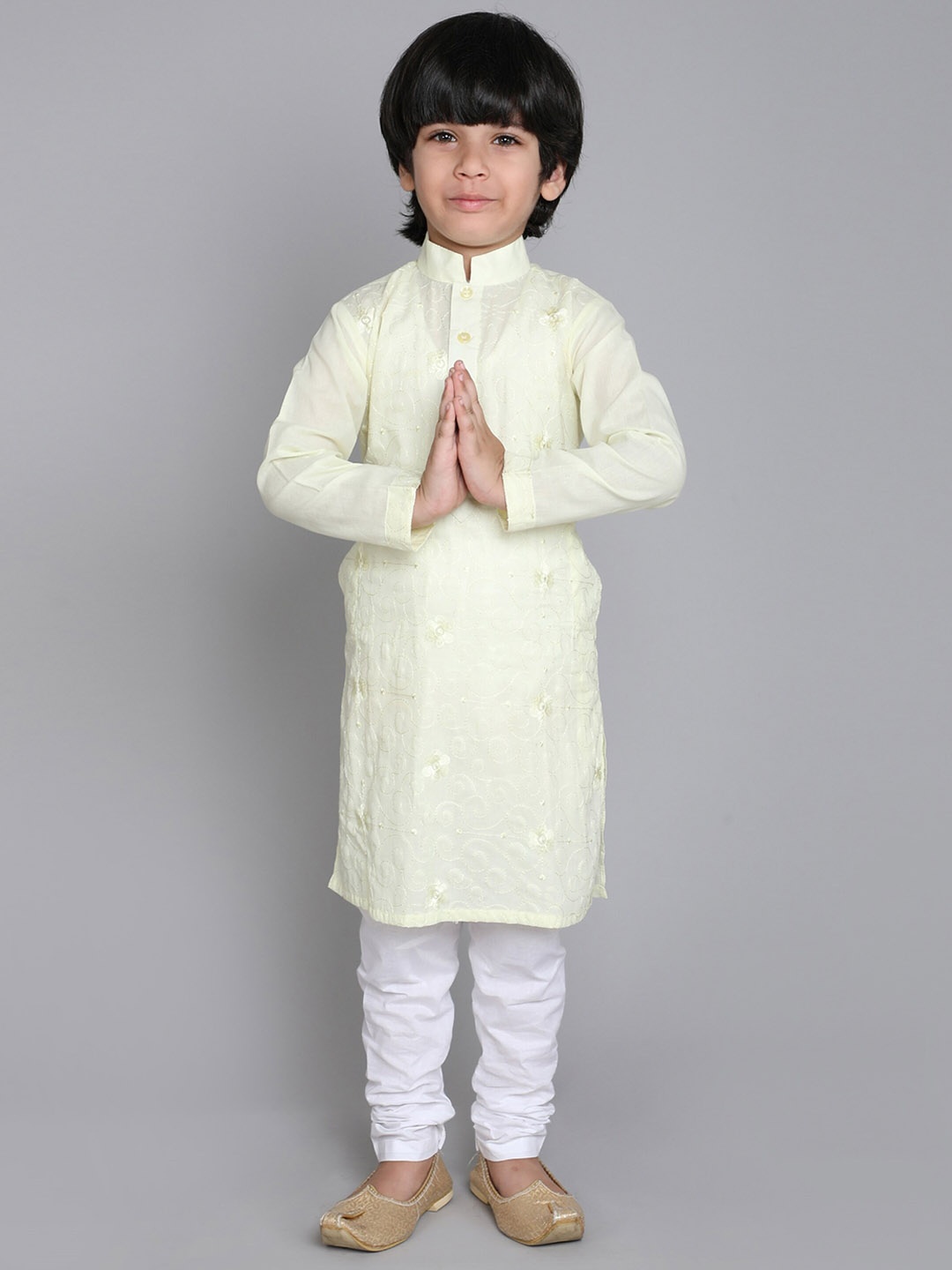 

BAESD Boys Floral Embroidered Regular Thread Work Pure Cotton Kurta with Churidar, Yellow