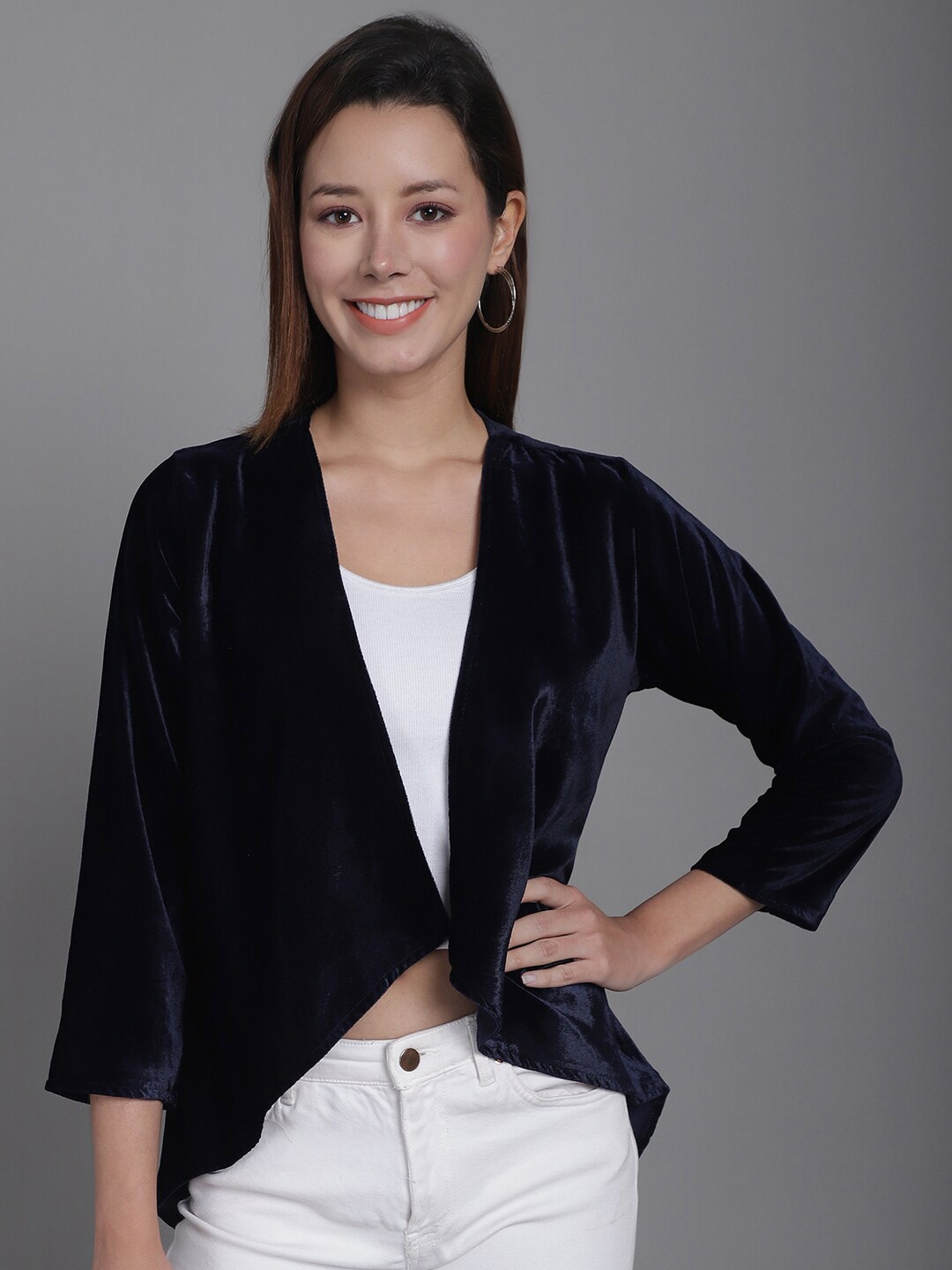

urSense Velvet Dipped Hem Open Front Shrug, Blue
