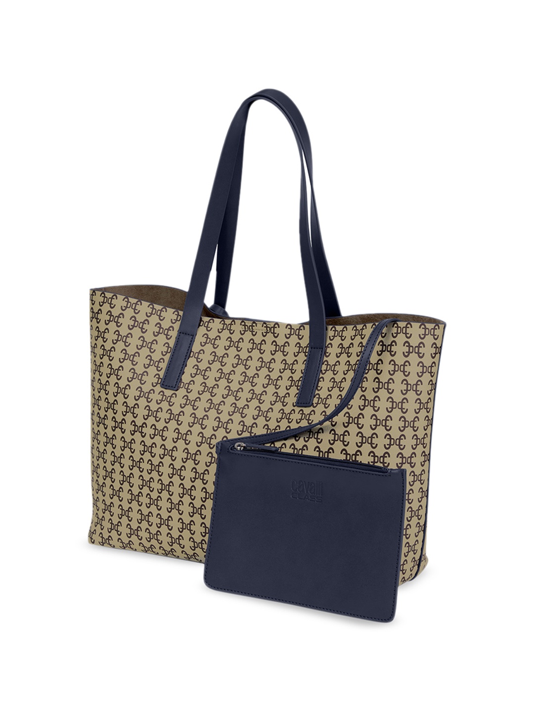 

Cavalli Class Geometric Printed Structured Shoulder Bag with Pouch, Beige