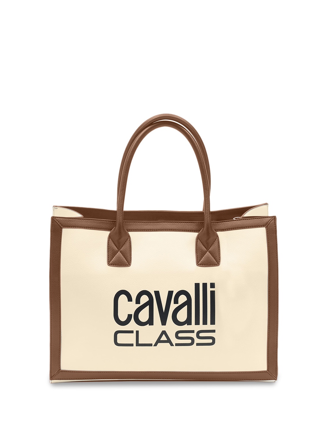 

Cavalli Class Typography Printed Oversized Structured Handheld Bag, Beige