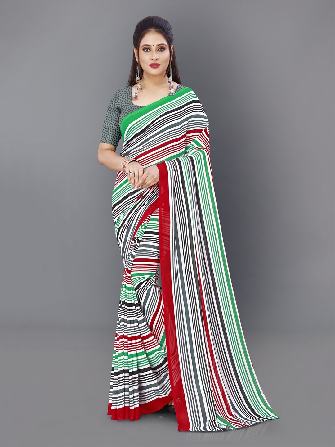 

ANAND SAREES Striped Printed Saree, Green