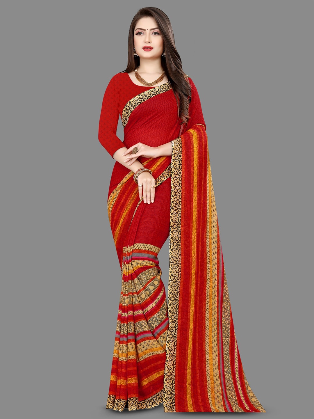 Moda Rapido Geometric Printed Saree, Red