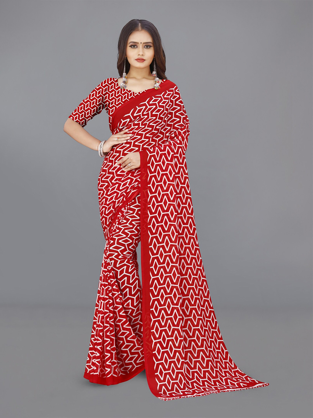

ANAND SAREES Geometric Printed Saree, Red