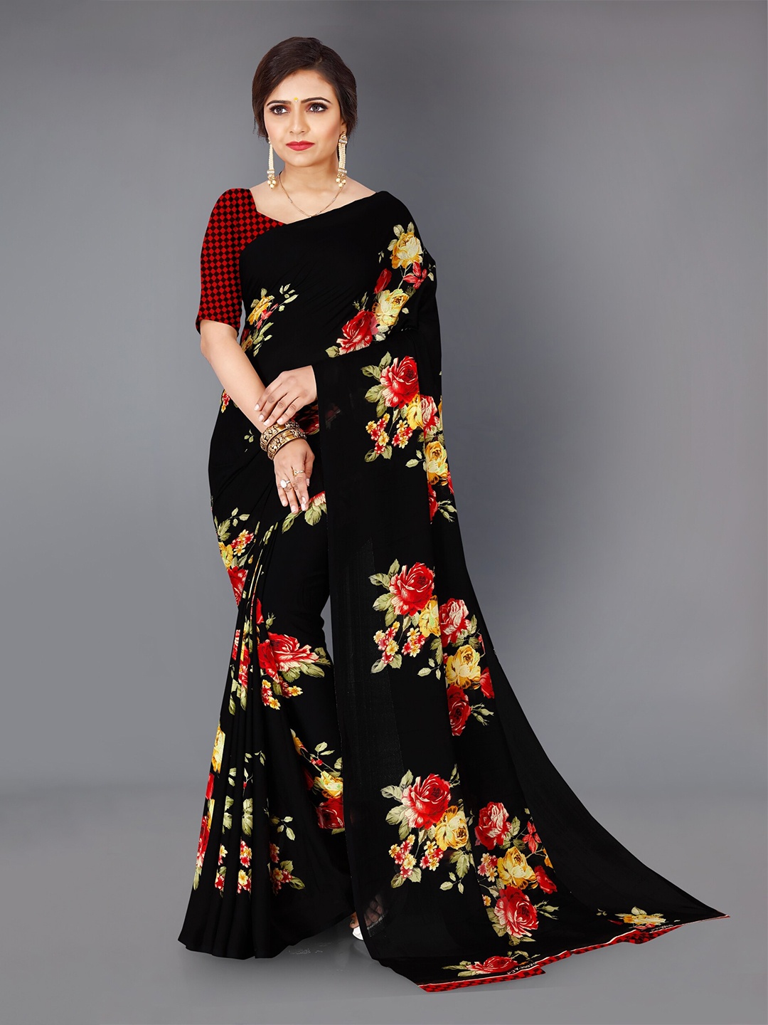 

Moda Rapido Floral Printed Saree, Black