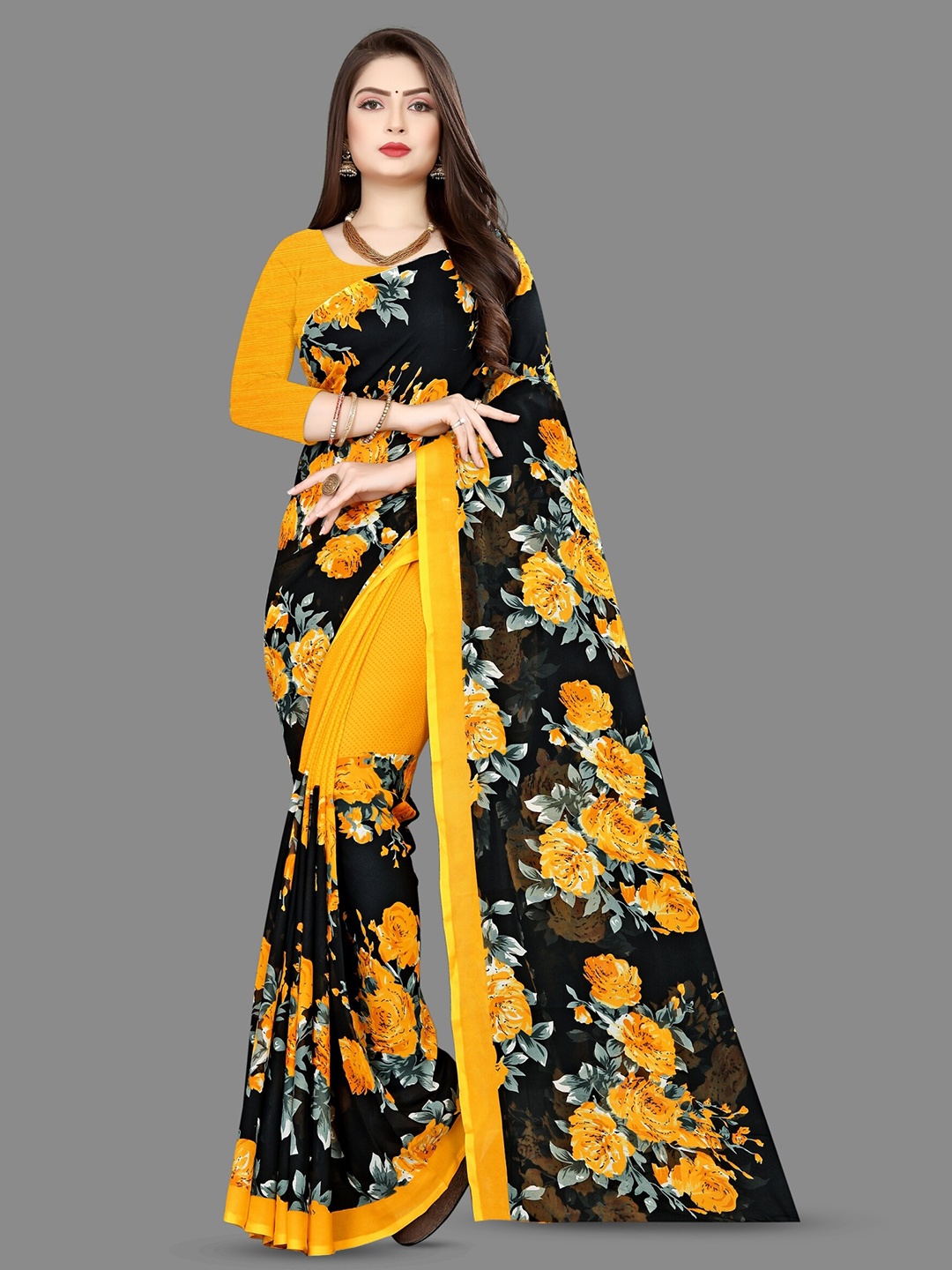 Moda Rapido Floral Printed Saree, Black